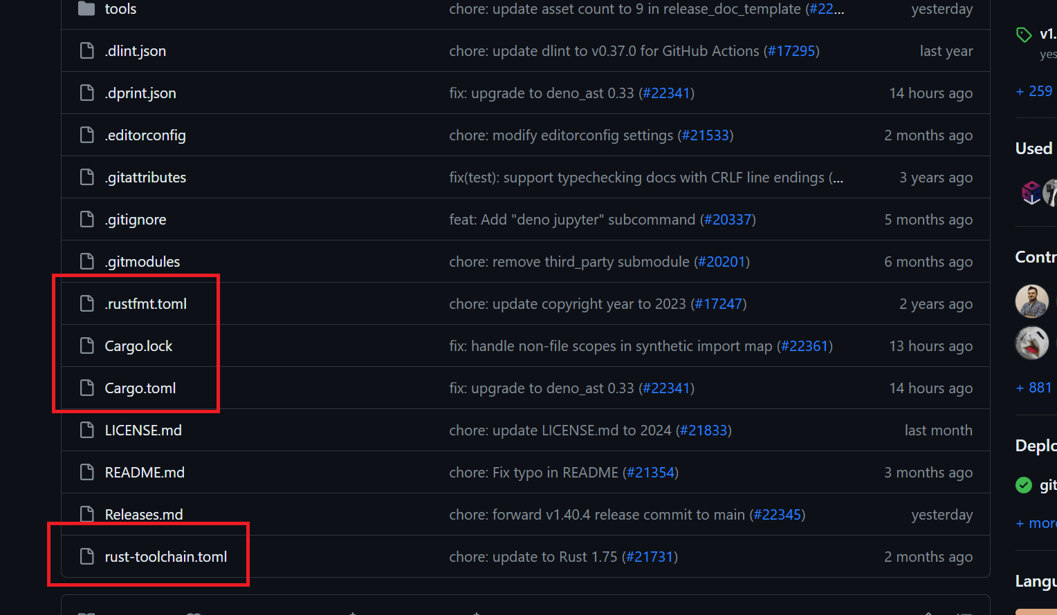 Typical Rust and Cargo files can be seen in the root of the Deno project